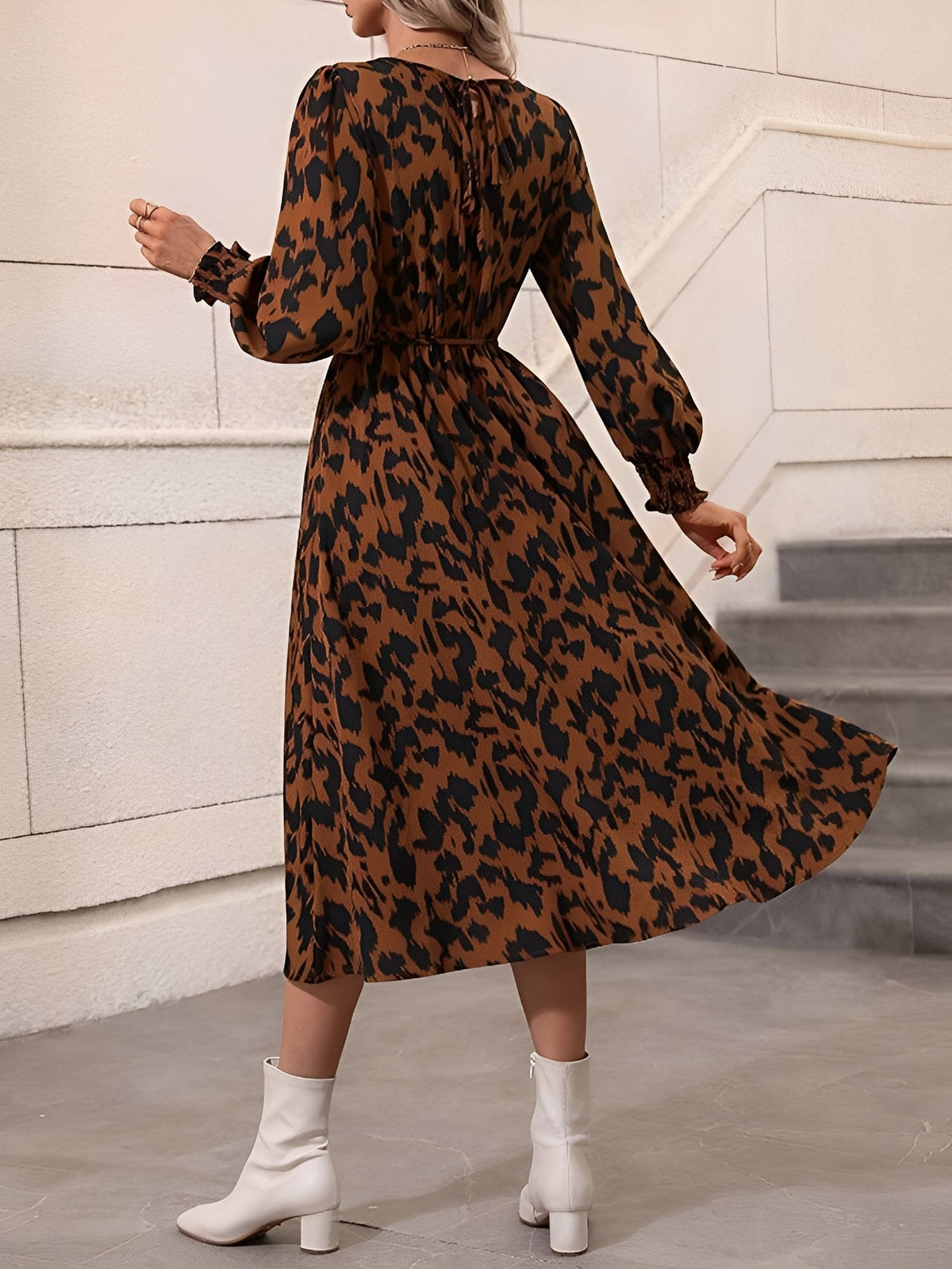 Leopard Print Tie Waist Long Sleeves A-Line Dress