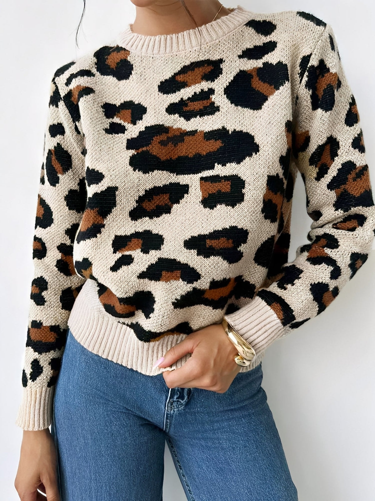 Crew Neck Casual Leopard Print Pullover Sweater
