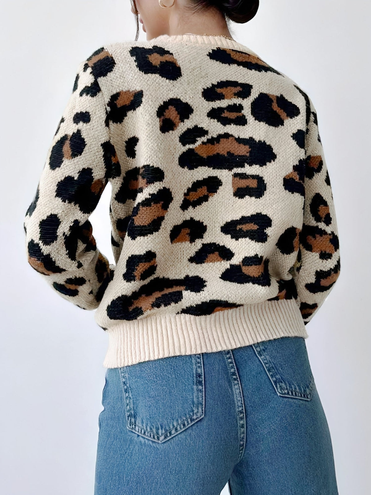Crew Neck Casual Leopard Print Pullover Sweater