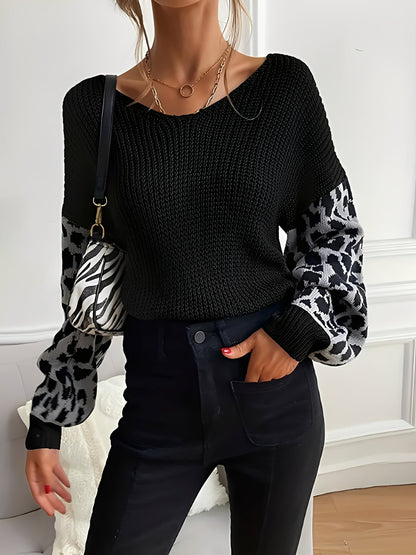 V Neck Leopard Print Casual Ribbed Knit Sweater