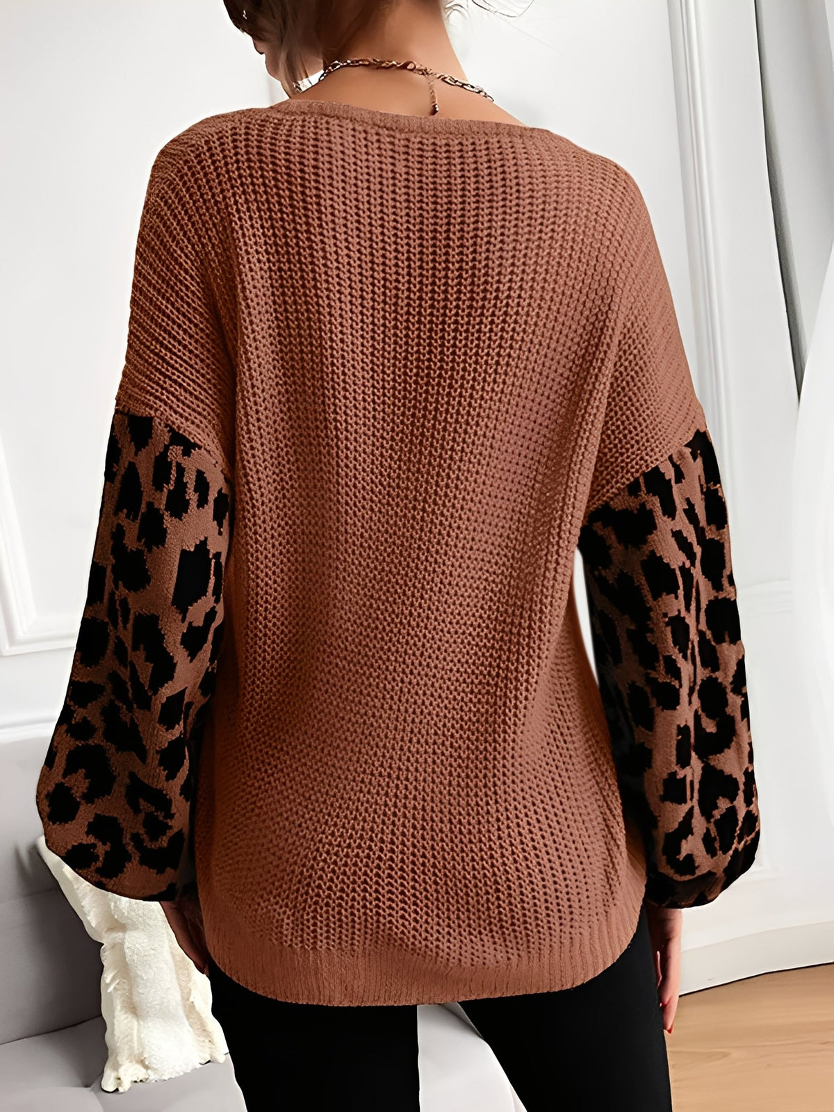 V Neck Leopard Print Casual Ribbed Knit Sweater