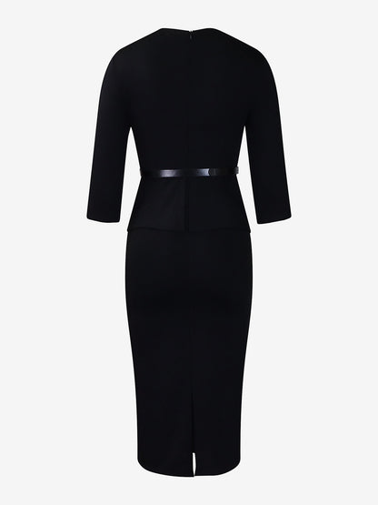 Lapel 3/4 Sleeves Belted Midi Sheath Dress