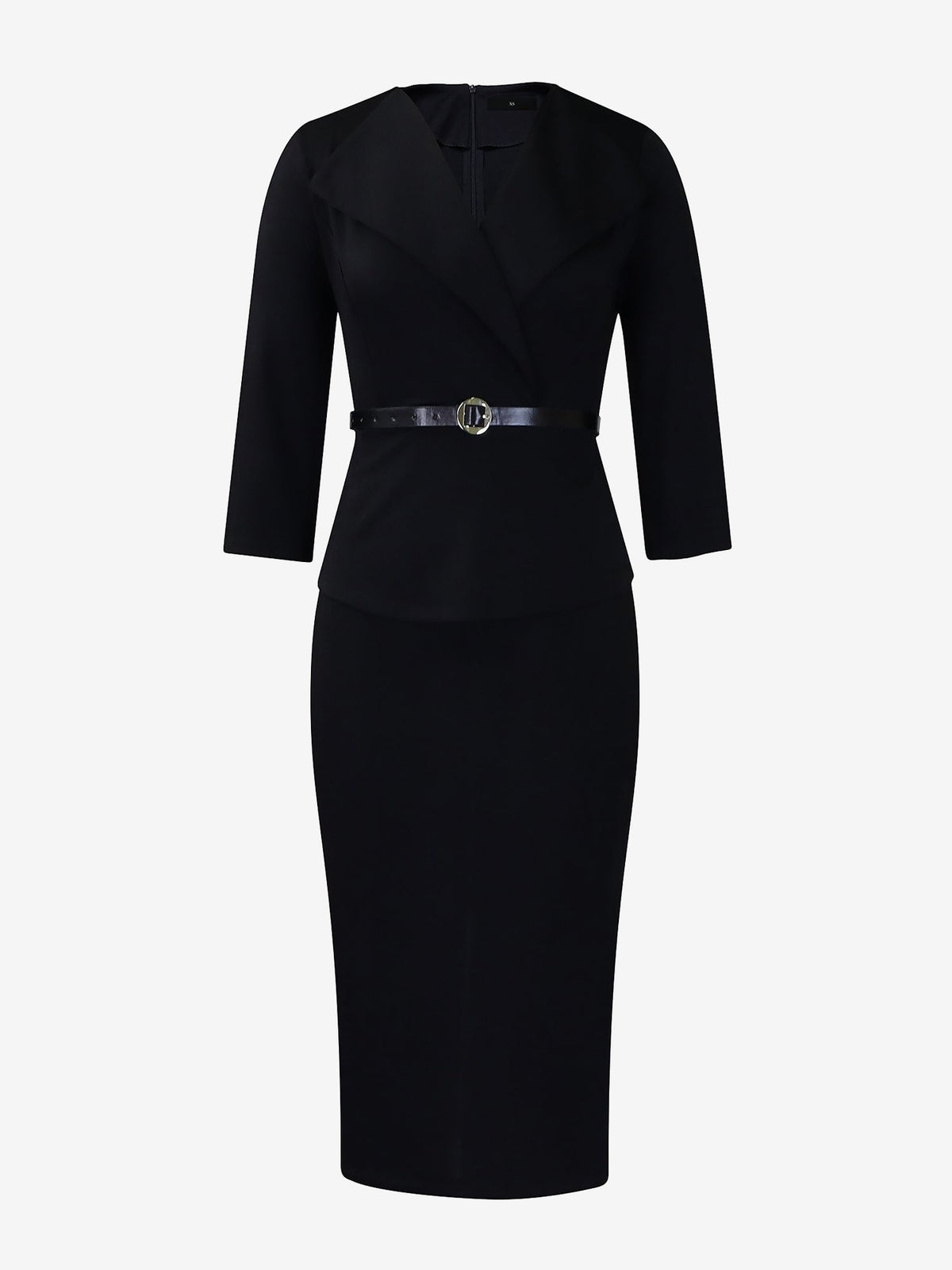 Lapel 3/4 Sleeves Belted Midi Sheath Dress