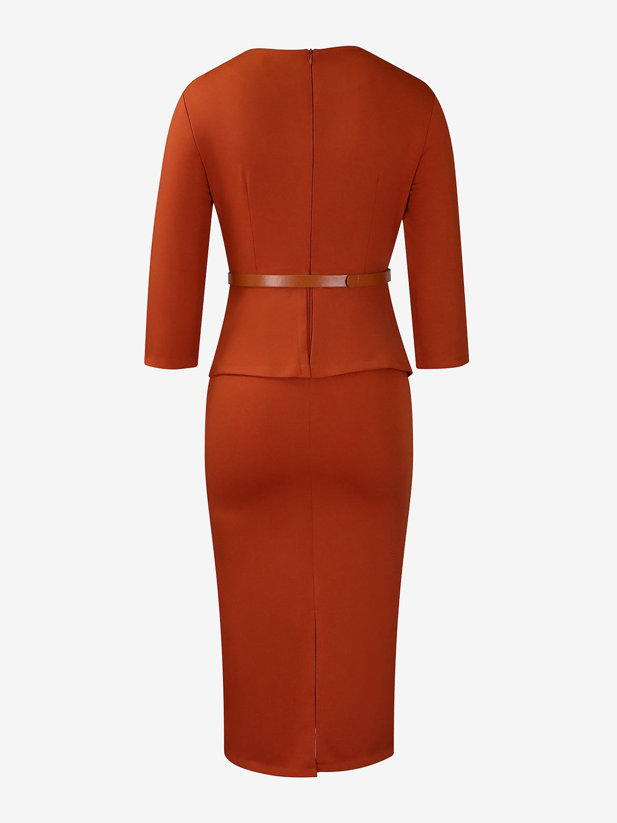 Lapel 3/4 Sleeves Belted Midi Sheath Dress