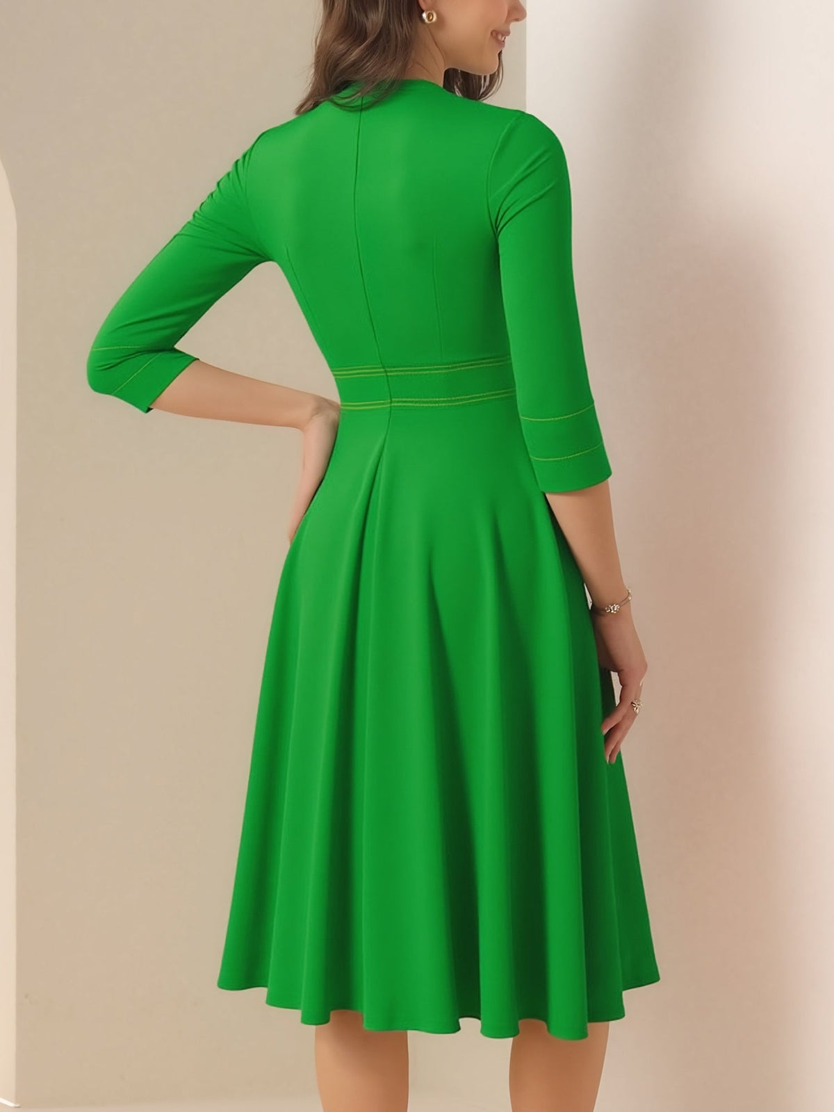 Round Neck 3/4 Sleeves A-Line Midi Work Dress