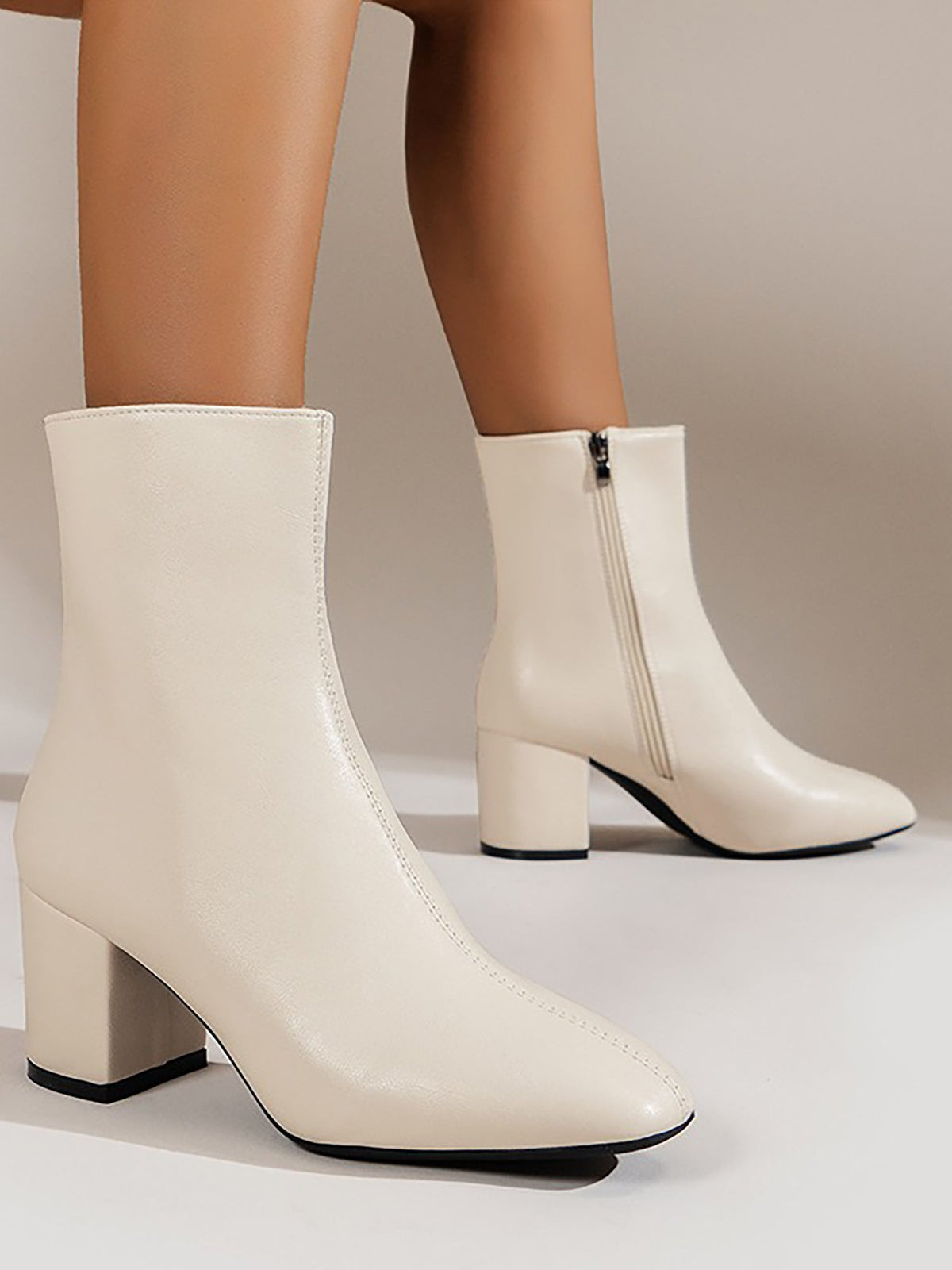 Faux Leather Square Toe Side Zipper Ankle Boots