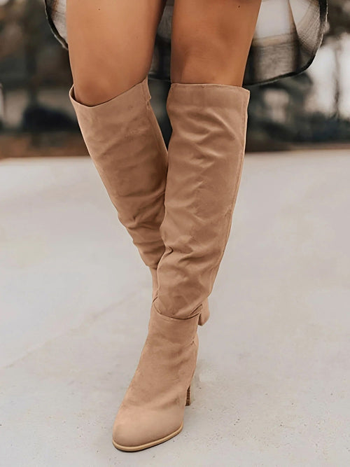 Faux Suede Round Toe Chunky Heel Knee High Boots