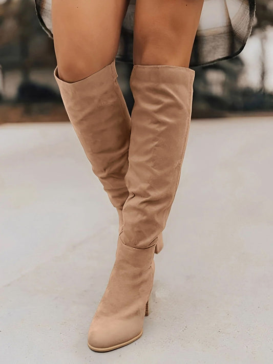 Faux Suede Round Toe Chunky Heel Knee High Boots
