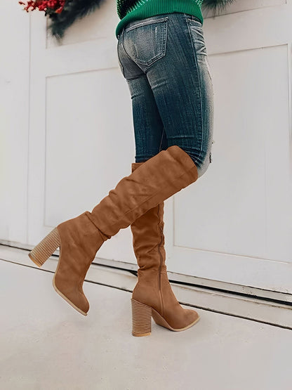 Faux Suede Round Toe Chunky Heel Knee High Boots