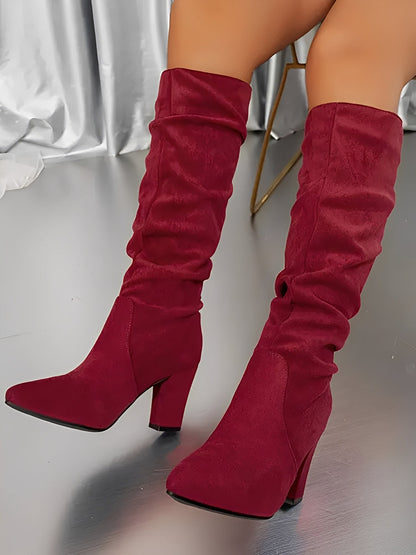 Pointed Toe Faux Suede Chunky Heel Knee High Boots