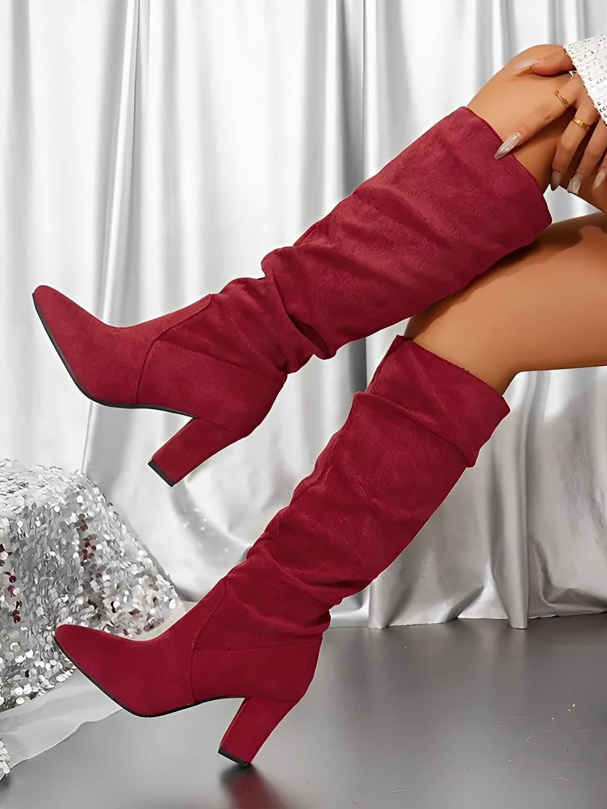 Pointed Toe Faux Suede Chunky Heel Knee High Boots