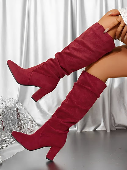 Pointed Toe Faux Suede Chunky Heel Knee High Boots