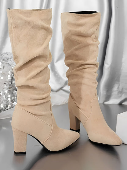 Pointed Toe Faux Suede Chunky Heel Knee High Boots
