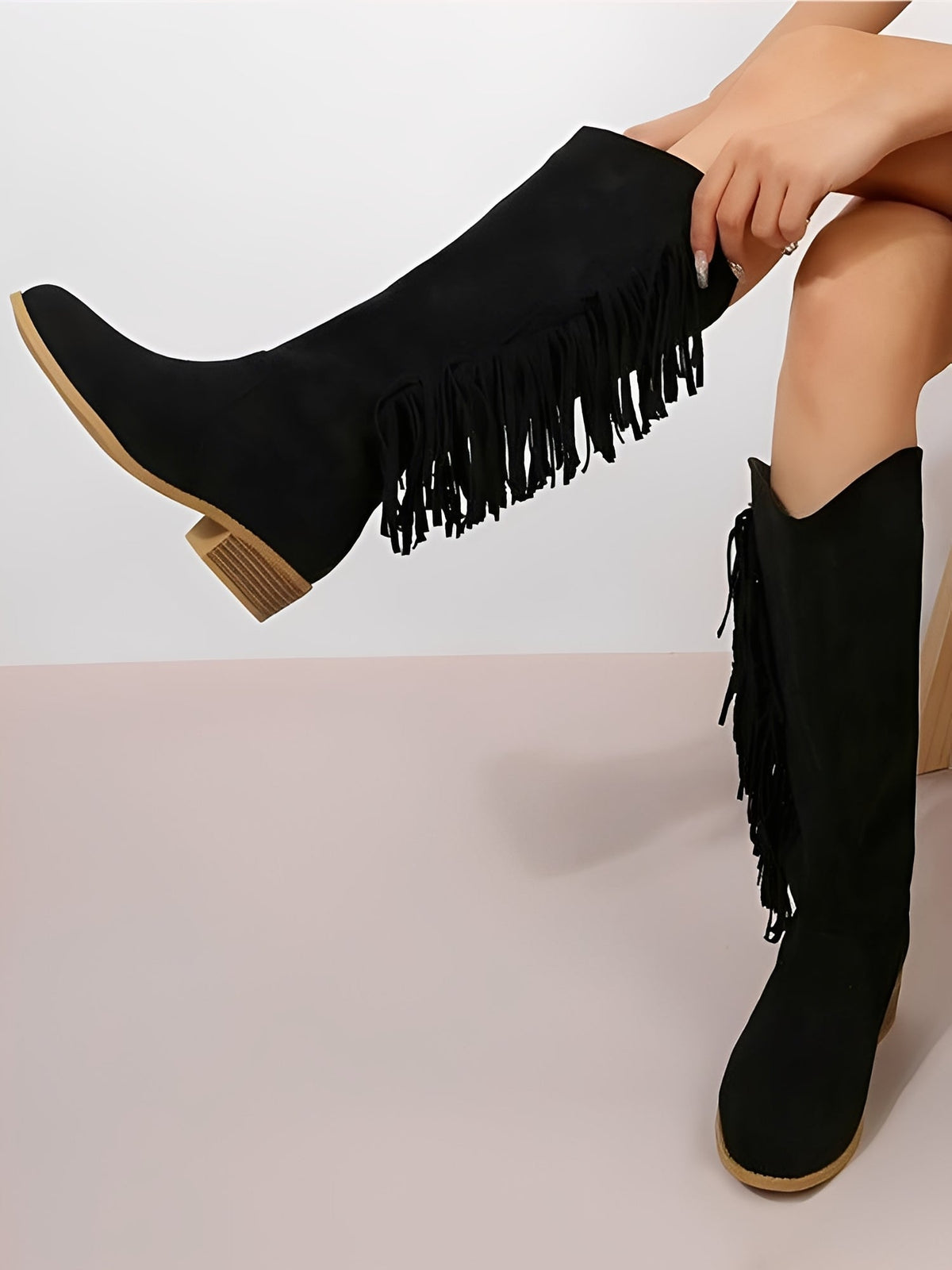 Faux Suede Tasseled Cowgirl Knee High Boots