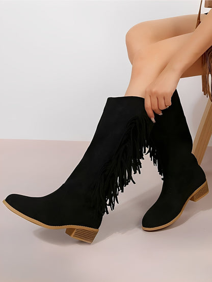 Faux Suede Tasseled Cowgirl Knee High Boots