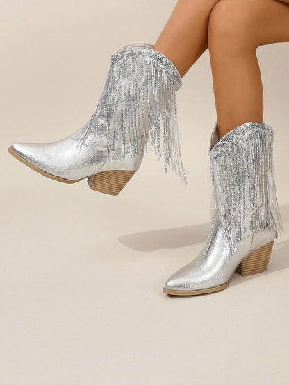 Metallic Sequined Tasseled Chunky Heels Cowgirl Mid-Calf Boots