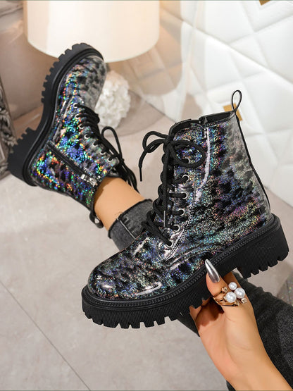 Colorful Round Toe Lace-Up Side Zipper Martin Boots