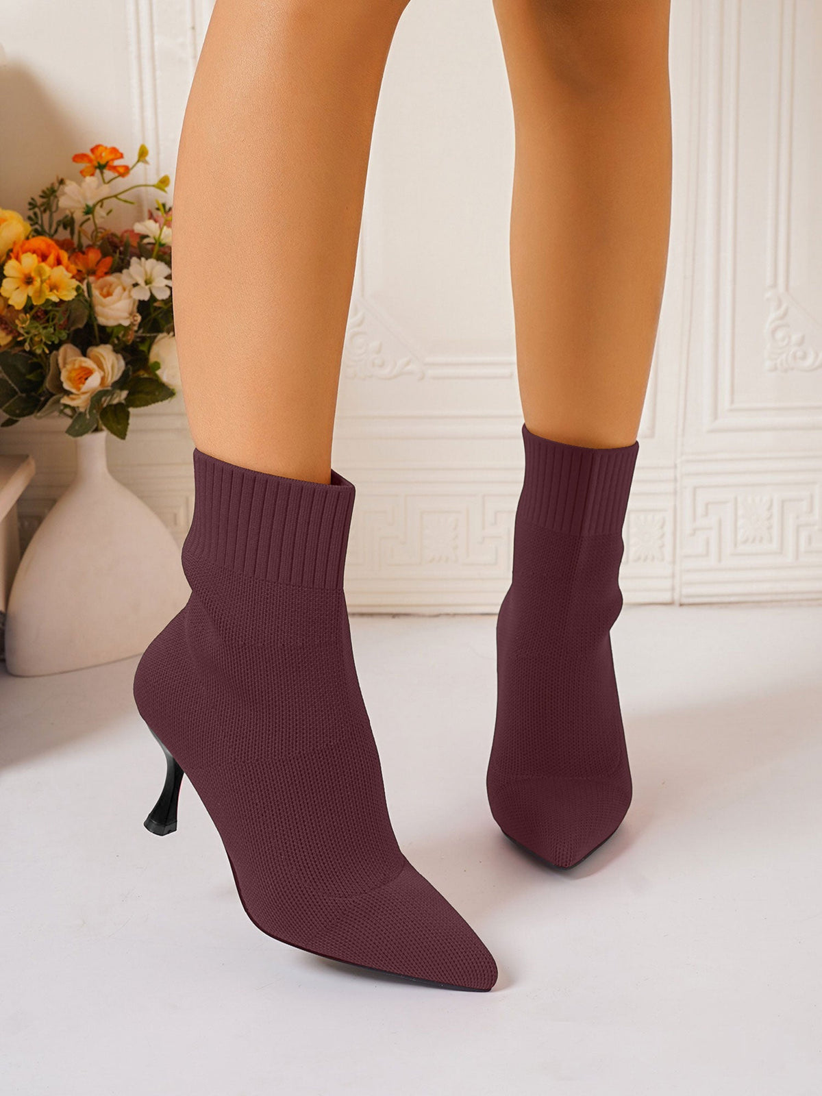 Knitted Pointed Toe Stiletto High Heel Ankle Boots