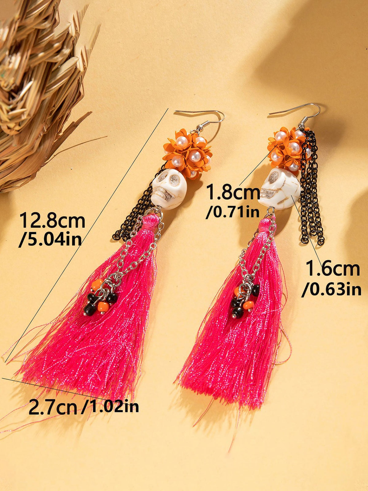 Halloween Fun Skull Tassel Beaded Dangle Earrings