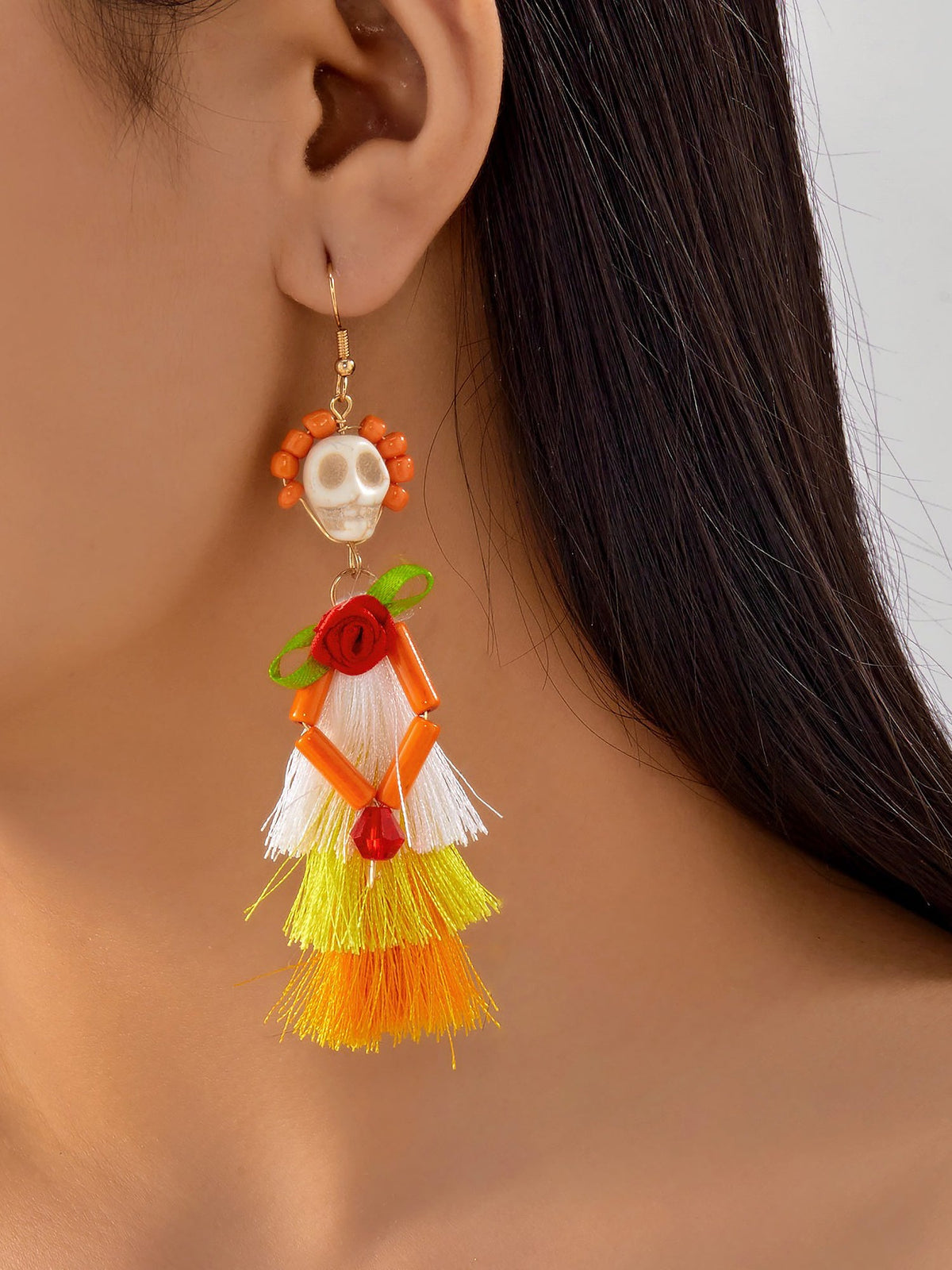 Halloween Fun Skull Tassel Beaded Dangle Earrings