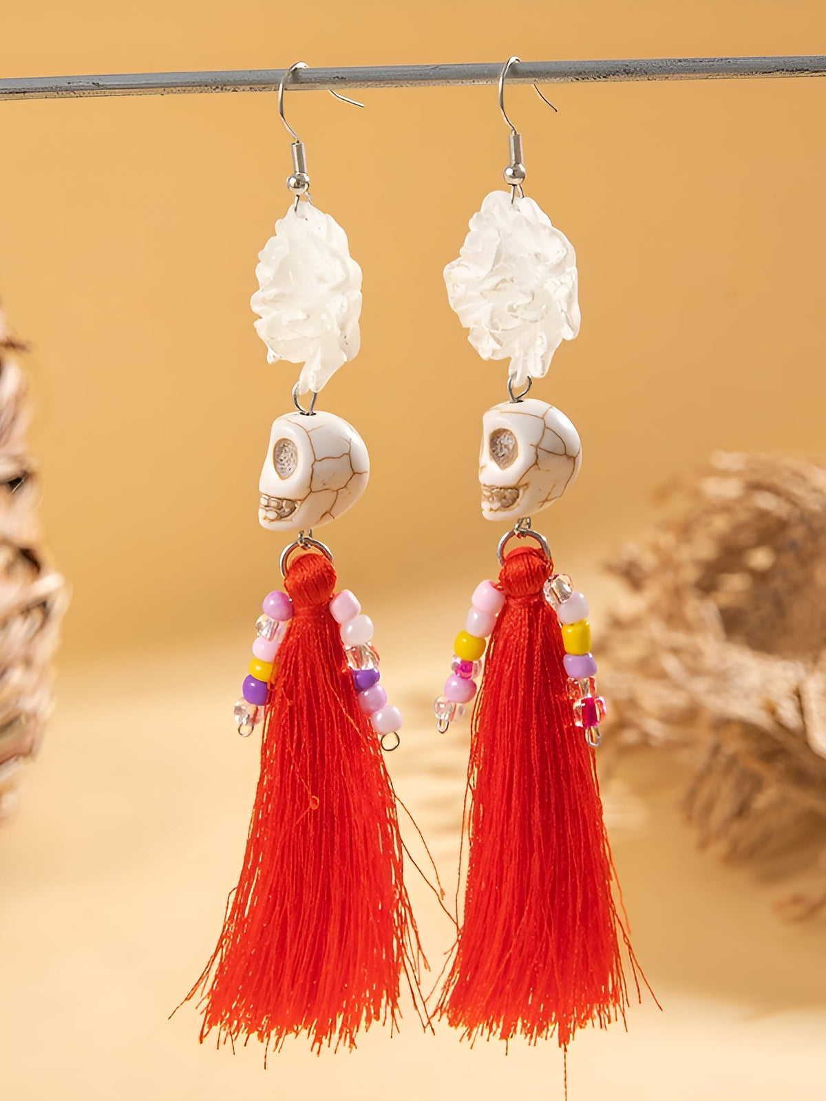 Halloween Fun Skull Tassel Beaded Dangle Earrings