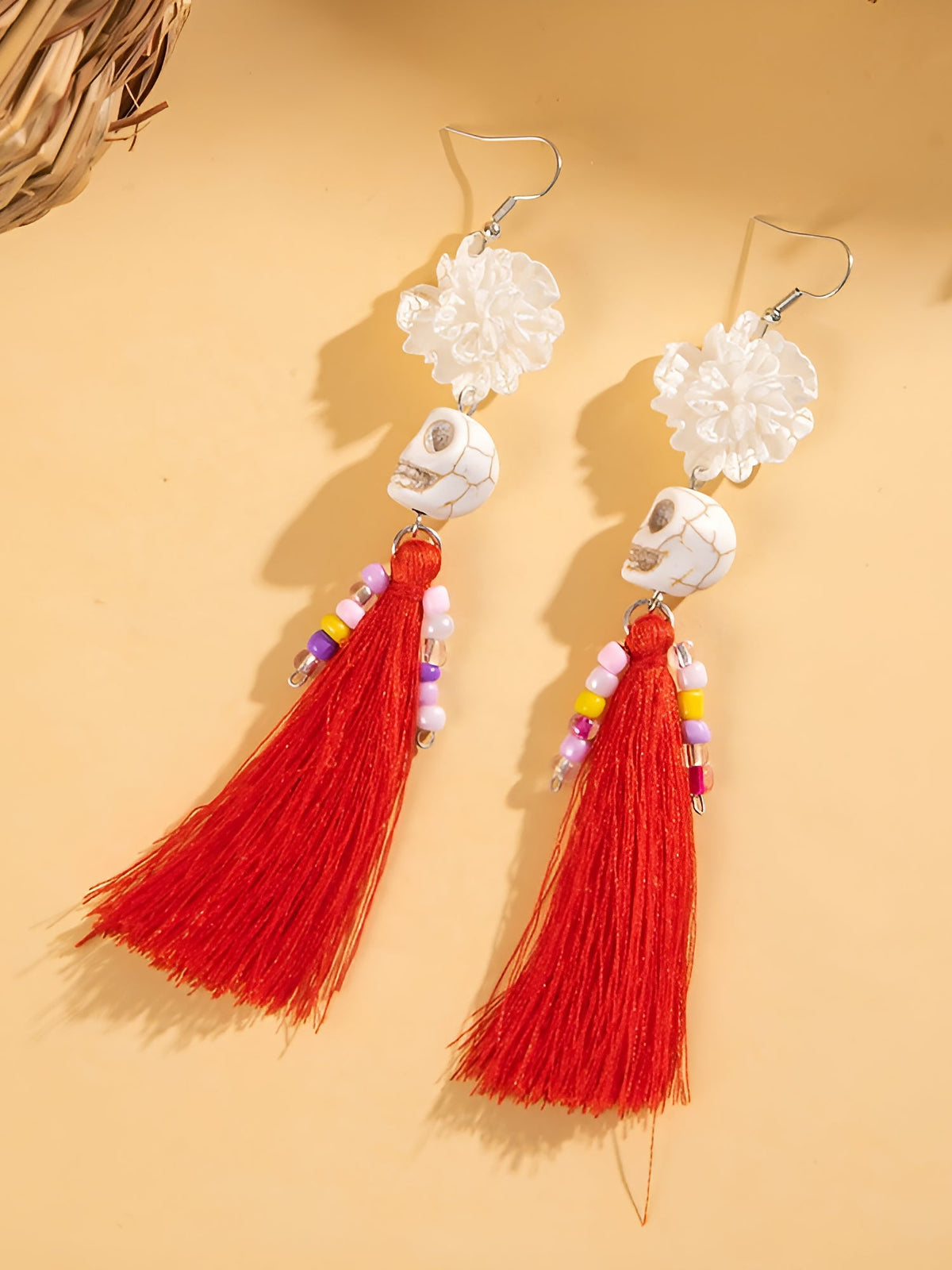 Halloween Fun Skull Tassel Beaded Dangle Earrings