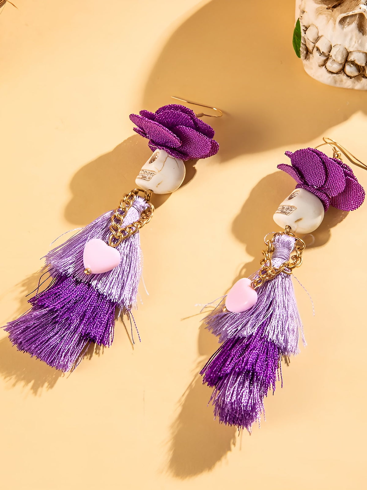 Halloween Fun Skull Tassel Beaded Dangle Earrings