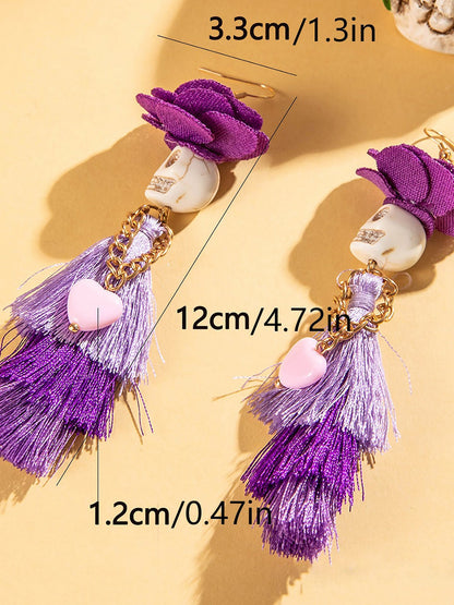 Halloween Fun Skull Tassel Beaded Dangle Earrings
