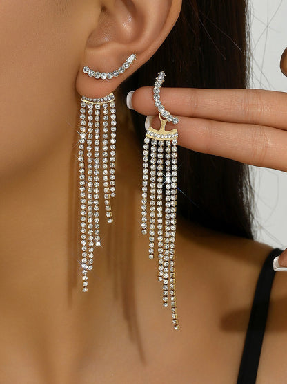 Alloy Faux Diamonds Long Tassel Earrings