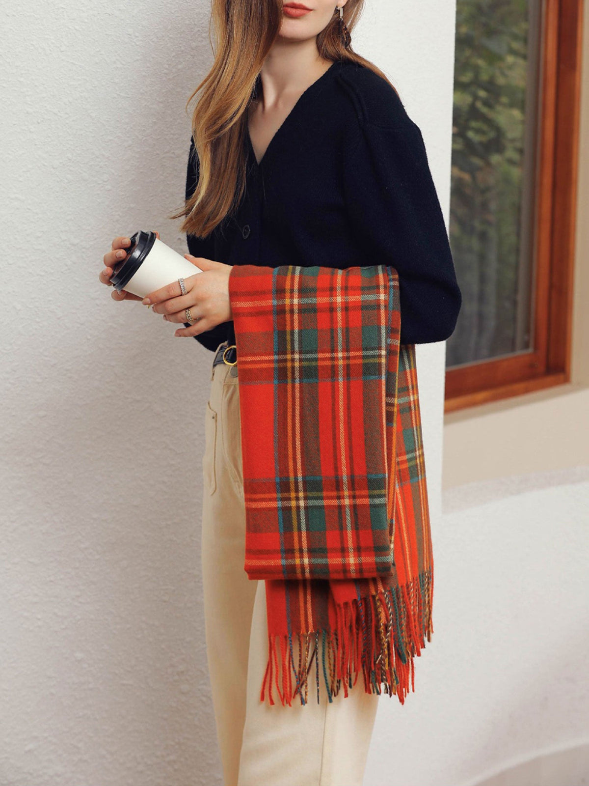 Fall Winter Geometric Plaid Tassel Scarf