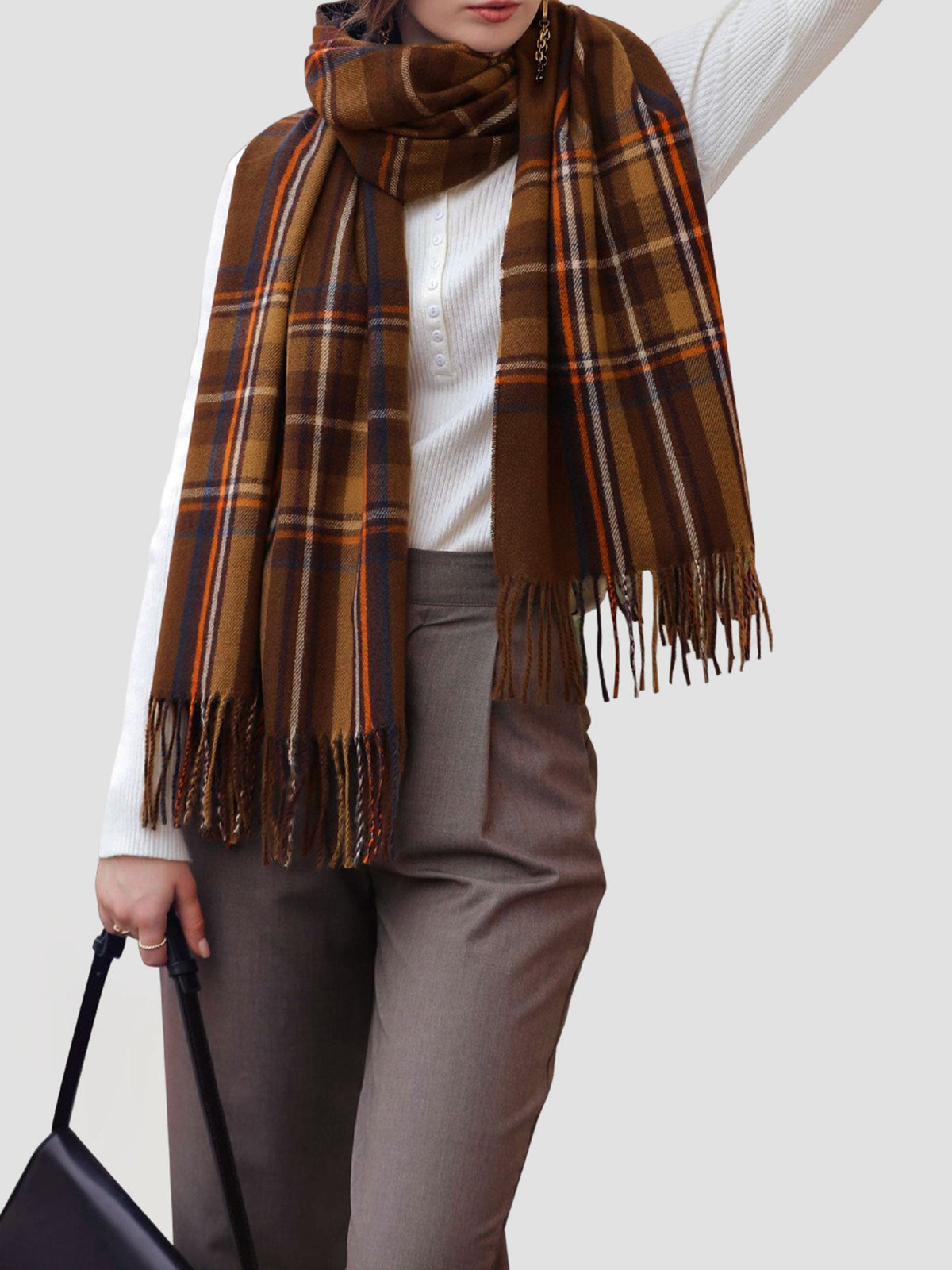 Fall Winter Geometric Plaid Tassel Scarf