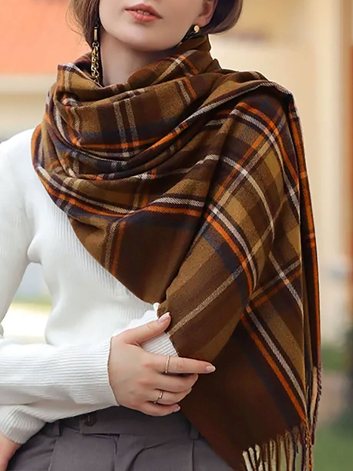 Fall Winter Geometric Plaid Tassel Scarf