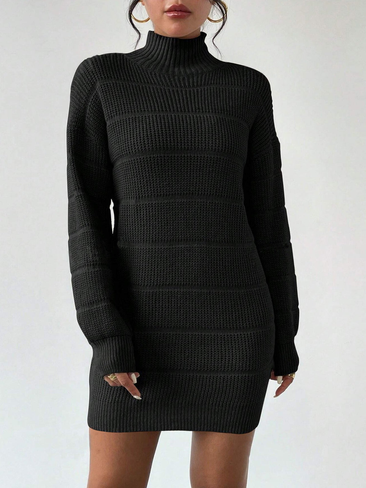 Turtleneck Long Sleeves Knitted Mini Sweater Dresss