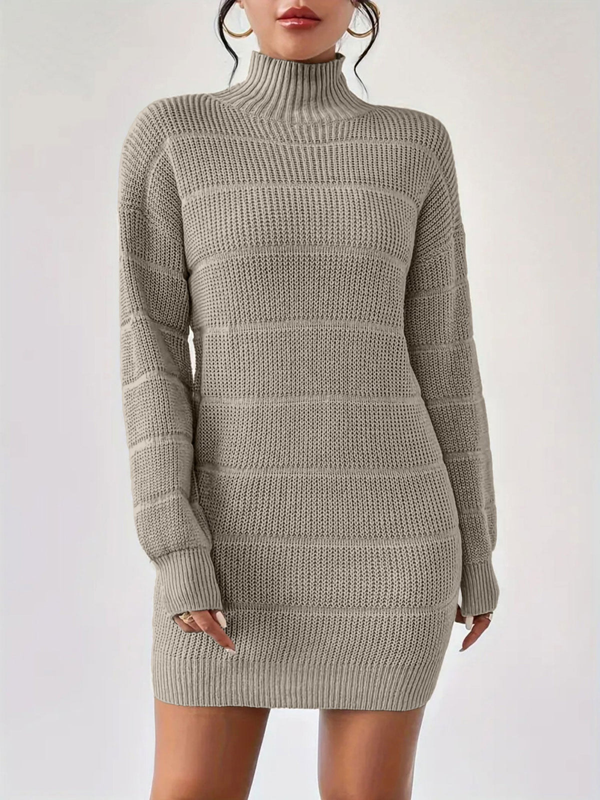 Turtleneck Long Sleeves Knitted Mini Sweater Dresss