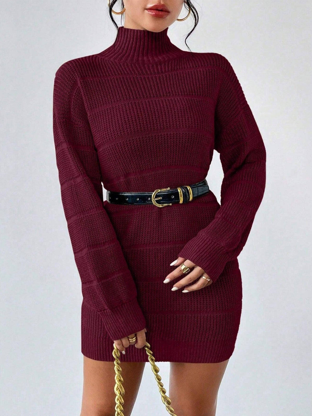Turtleneck Long Sleeves Knitted Mini Sweater Dresss
