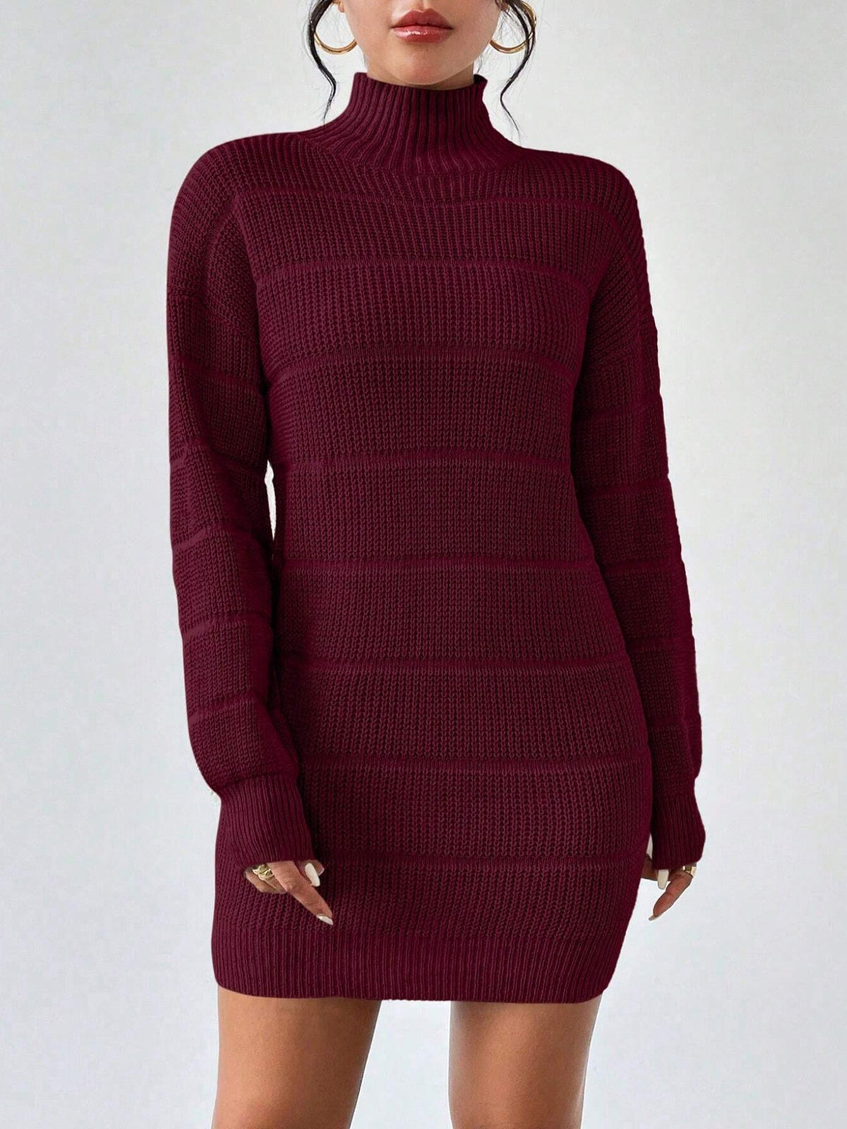 Turtleneck Long Sleeves Knitted Mini Sweater Dresss