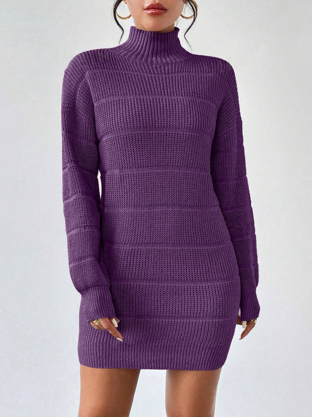 Turtleneck Long Sleeves Knitted Mini Sweater Dresss