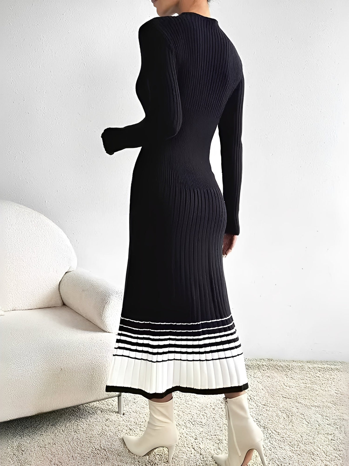 Round Neck Long Sleeves Colorblock Knitted Sweater Dress