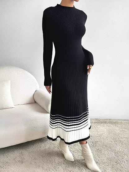 Round Neck Long Sleeves Colorblock Knitted Sweater Dress