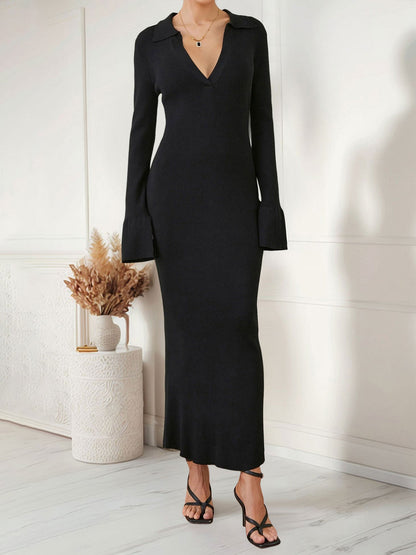 Lapel V Neck Long Sleeves Knitted Maxi Sweater Dress