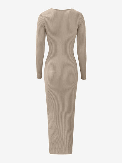 Ruched V Neck Long Sleeve Bodycon Sweater Dress