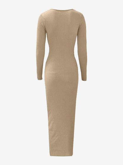 Ruched V Neck Long Sleeve Bodycon Sweater Dress