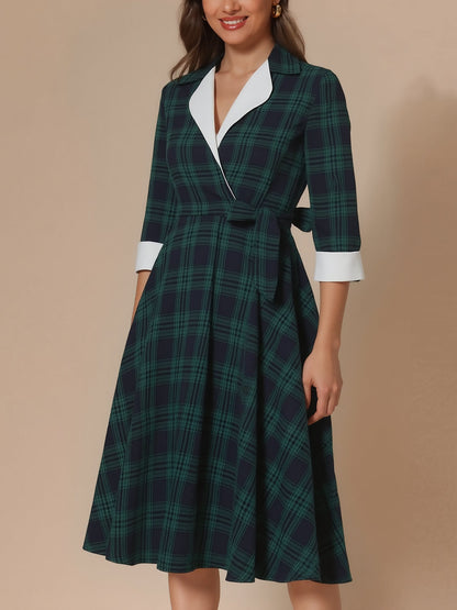 Plaid 3/4 Sleeves Lace-Up Midi A-Line Dress