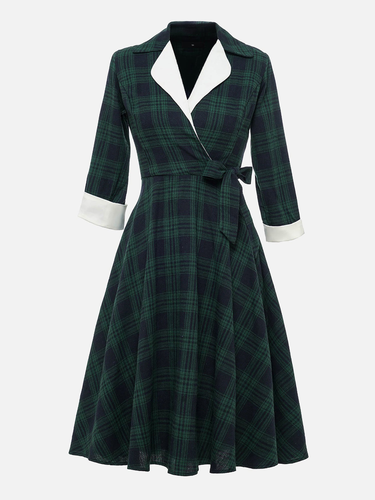 Plaid 3/4 Sleeves Lace-Up Midi A-Line Dress