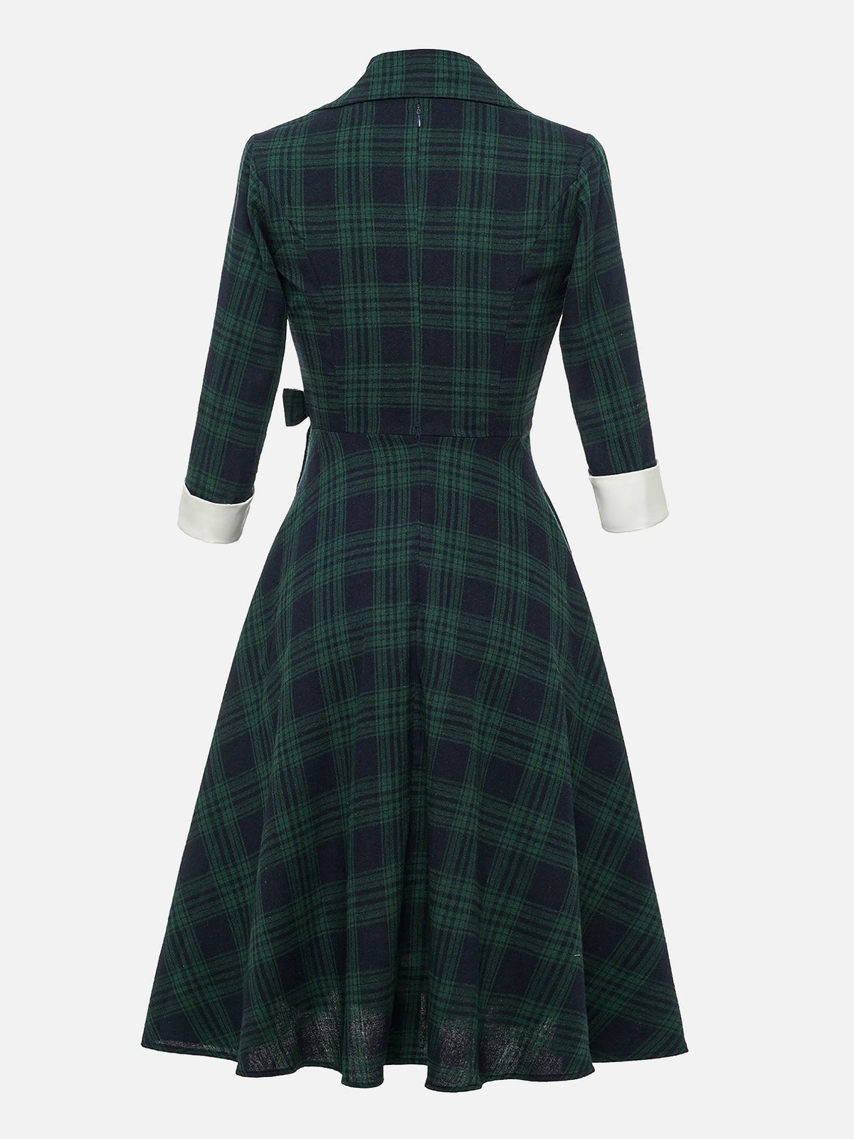 Plaid 3/4 Sleeves Lace-Up Midi A-Line Dress