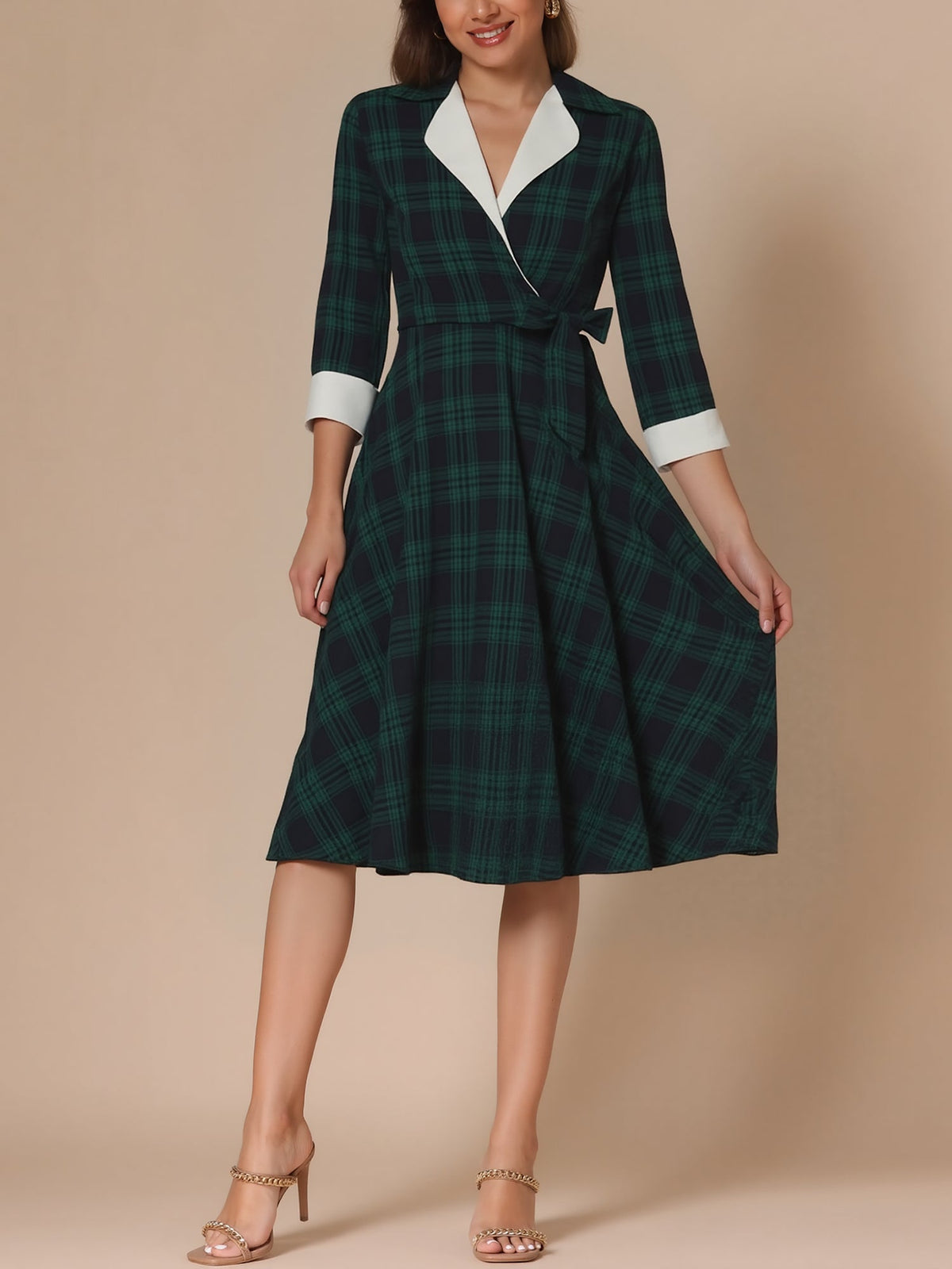 Plaid 3/4 Sleeves Lace-Up Midi A-Line Dress