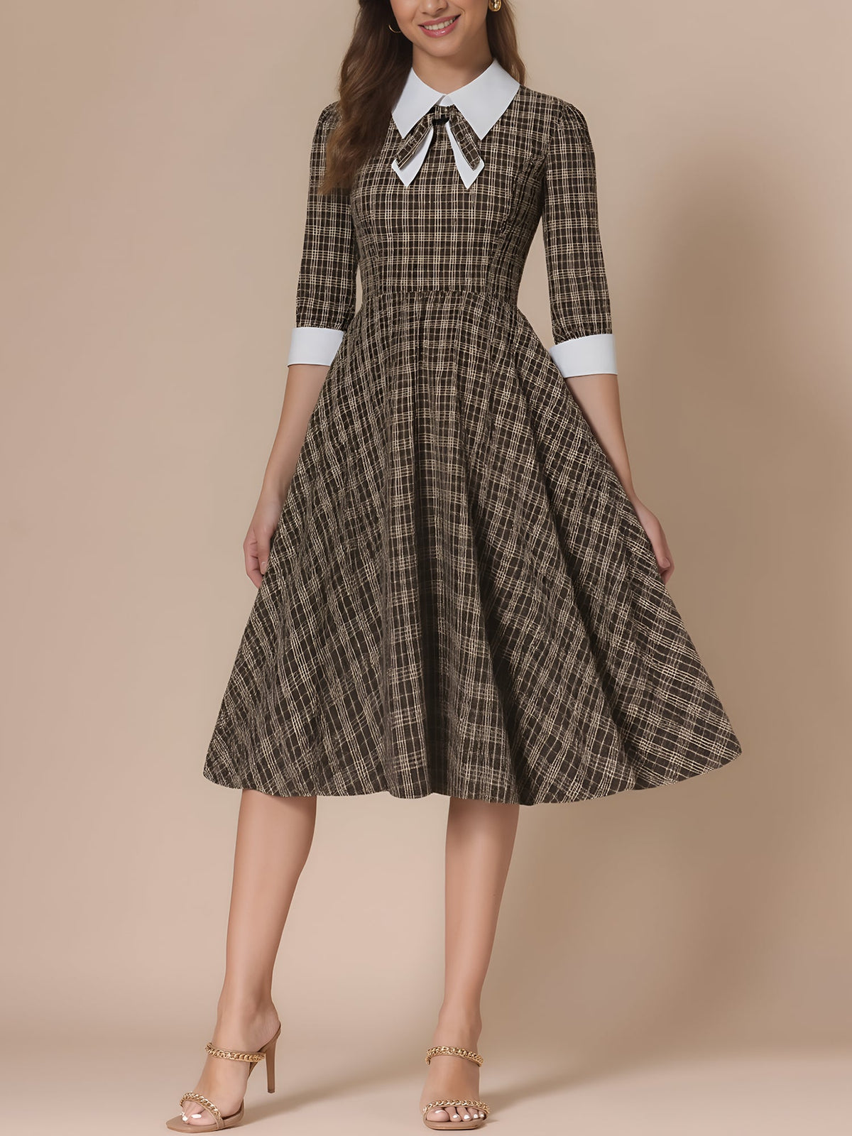 Plaid Collar Bow Tie 3/4 Sleeve Midi A-Line Dress