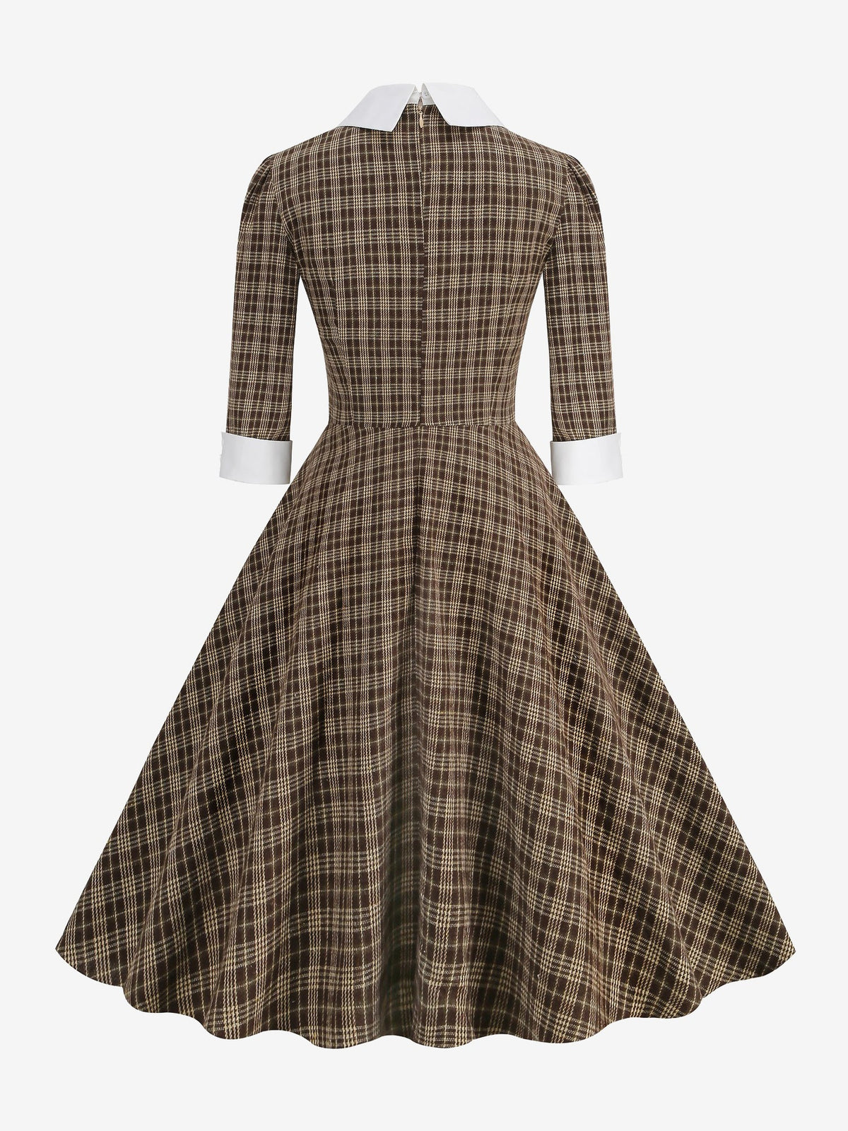Plaid Collar Bow Tie 3/4 Sleeve Midi A-Line Dress