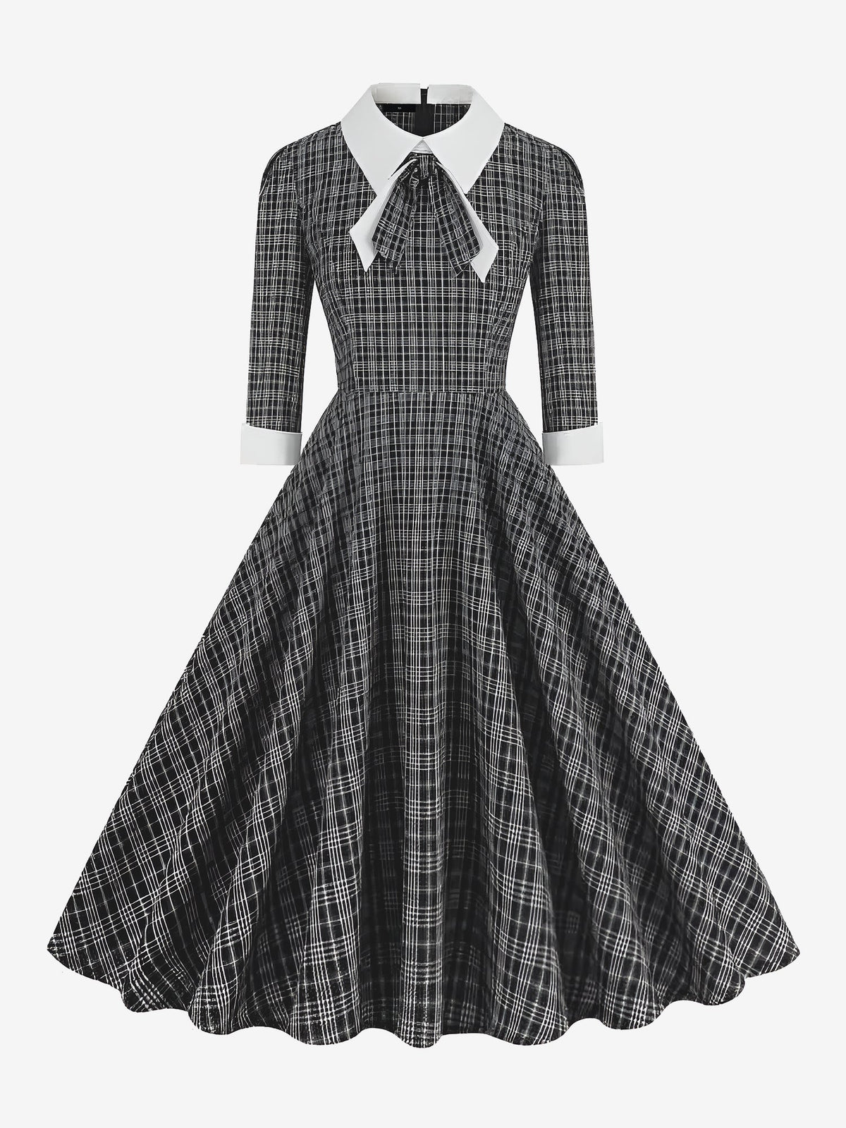 Plaid Collar Bow Tie 3/4 Sleeve Midi A-Line Dress