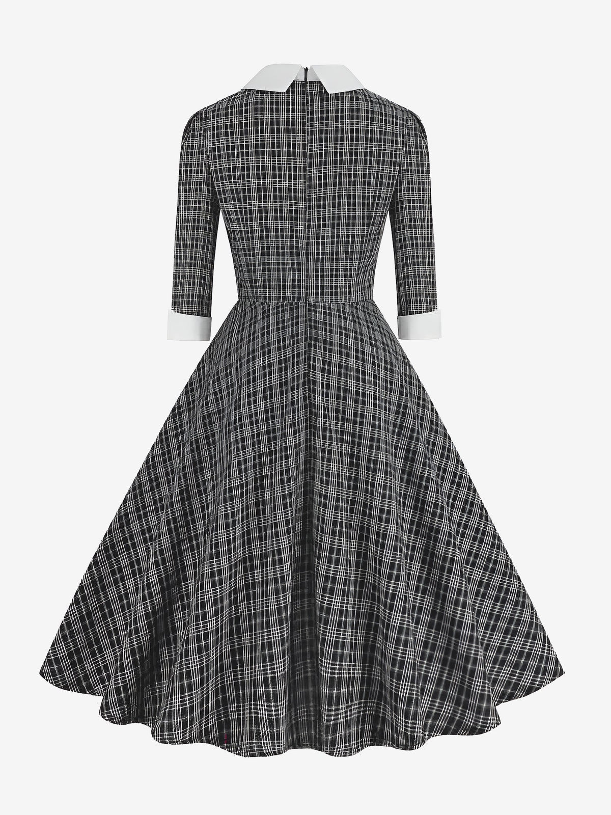Plaid Collar Bow Tie 3/4 Sleeve Midi A-Line Dress
